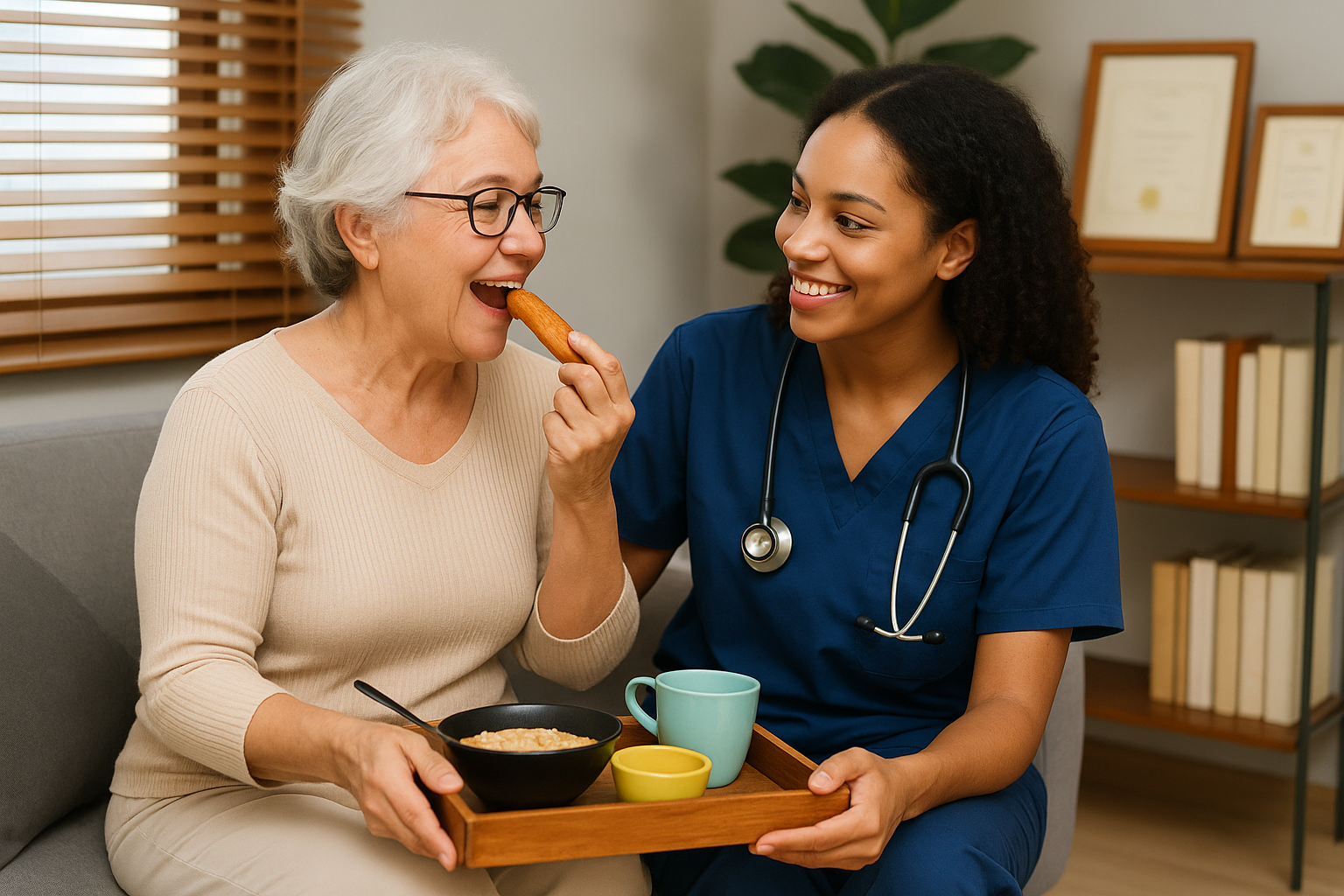Professional caregiver preparing nutritious meal for senior in Charlotte, NC home